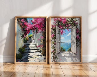 Mediterranean Coastal Wall Art Set, Pink Bougainvillea Prints, Italian Summer Poster