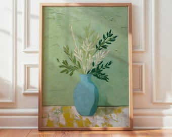 Green Floral Still Life Print, Minimalist Vase Art, Scandinavian Botanical Painting