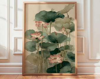 Lotus Flower Wall Art, Japanese Botanical Print, Minimalist Zen Poster