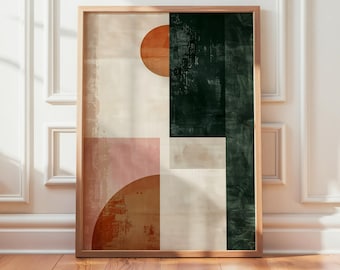 Mid Century Abstract Geometric Print, Scandinavian Beige Green Artwork