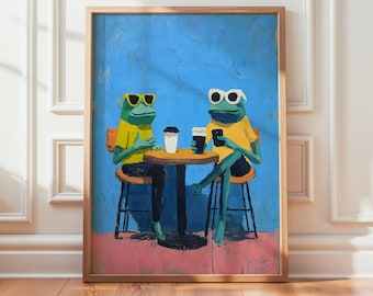 Frog Cafe Scene Print, Quirky Animal Illustration, Modern Wall Art Poster