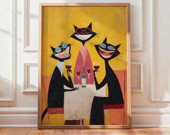 Funny Cats Wine Night Print, Quirky Illustration, Girls Night Decor, Modern Wall Art