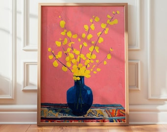 Pink Floral Still Life Print, Yellow Vase Bold Color Painting, Modern Home Decor