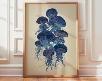 Blue Jellyfish Print, Minimalist Marine Life Poster, Coastal Ocean Wall Art