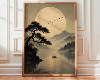Japandi Landscape Wall Art, Japanese Lake Print, Neutral Zen Poster, Minimalist Mountain Decor