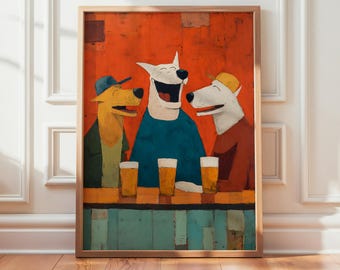Funny Dog Bar Scene Print, Whimsical Beer Art, Quirky Animal Illustration