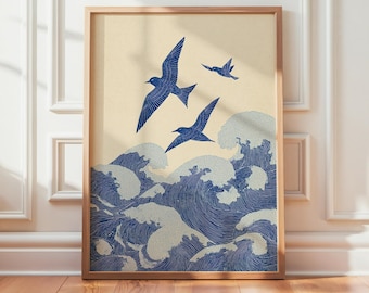 Japanese Wave Print, Coastal Birds, Minimalist Ocean Artwork, Japandi Decor