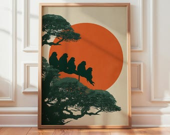 Japanese Style Monkey Sunset Print, Minimalist Animal Silhouette Wall Art