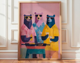 Bear BBQ Print, Summer Party Decor, Quirky Animal Illustration, Gloss Poster