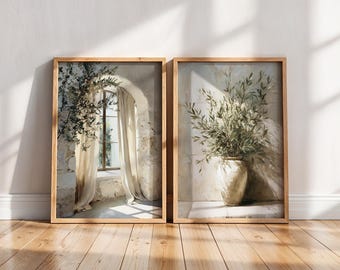 Mediterranean Olive Tree Prints, Set of 2, Neutral Coastal Villa Artwork