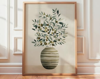 Olive Branch Wall Art, Neutral Botanical Print, Minimalist Vase Decor, Scandinavian Beige Green Poster