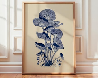 Mushroom Botanical Print, Minimalist Woodland Wall Art, Cottagecore Decor Poster
