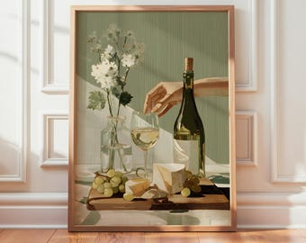Wine and Cheese Still Life Print, Neutral Kitchen Dining Art Poster