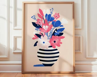 Modern Floral Vase Print, Scandinavian Botanical Wall Art, Blue Pink Poster