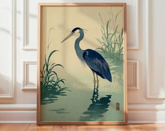Japanese Heron Print, Minimalist Ukiyo-e Bird Art, Zen Nature Poster