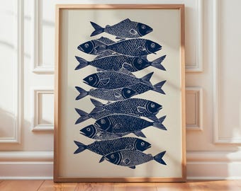 Scandinavian Fish Print, Minimalist Nautical Wall Art, Coastal Nordic Poster