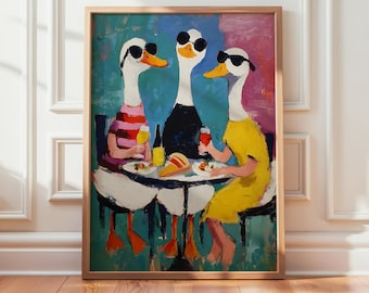 Funny Goose Wall Art, Quirky Animal Dining Scene, Modern Kitchen Decor Print