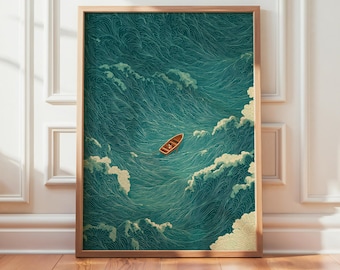 Lonely Boat Ocean Wall Art, Japanese Wave Print, Minimalist Sea Poster