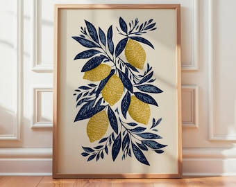 Lemon Branch Print, Mediterranean Kitchen Wall Art, Blue Yellow Citrus Poster