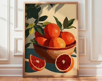 Blood Orange Still Life Print, Mediterranean Kitchen Wall Art, Citrus Fruit Poster