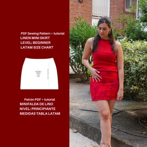 Puede incluir: Un top rojo sin mangas y una minifalda roja con estampado floral. La imagen incluye el texto: Patrón PDF + tutorial MINIFALDA DE LINO NIVEL: PRINCIPIANTE MEDIDAS TABLA LATAM, y un gráfico blanco que muestra el patrón de la falda.