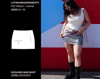 Sequin Mini Skirt Sewing Pattern PDF | Holiday, special event, Mini Skirt Pattern | LATAM | Video Tutorial | Sequin Miniskirt Pattern