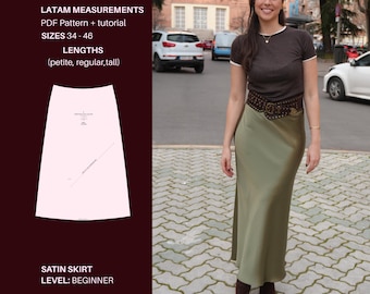 Satin Skirt Sewing Pattern PDF | Bias Cut Slip Skirt Pattern | Digital Sewing Pattern | Video Tutorial | LATAM Chart | Satin Skirt Pattern
