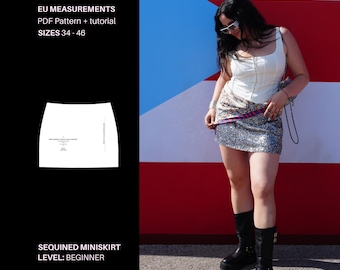 Sequin Mini Skirt Sewing Pattern PDF | Holiday, special event, Mini Skirt Pattern | EU Chart | Video Tutorial | Sequin Miniskirt Pattern