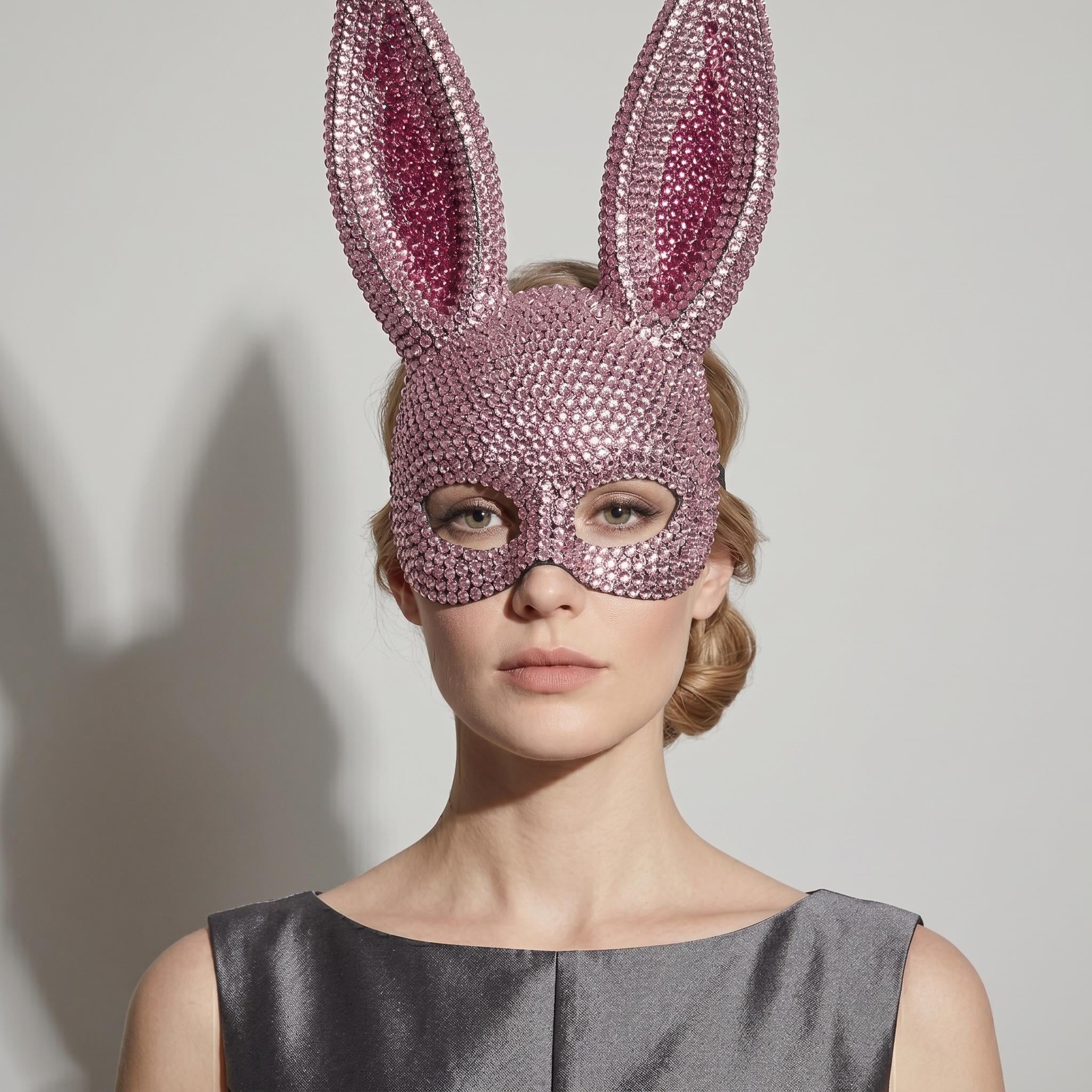 Rhinestone Bunny Mask Rabbit Ear Masquerade Costume, Festival Rave Face Mask