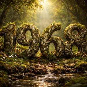 Puede incluir: Una representación artística del año "1968" formada por piedra cubierta de musgo, ambientada en una exuberante escena forestal. Los números están texturizados con musgo y pequeñas plantas, con un arroyo en primer plano y luz solar filtrándose entre los árboles.
