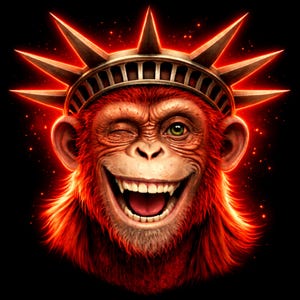 Puede incluir: Imagen digital de un mono guiñando un ojo con una corona de la Estatua de la Libertad. El mono tiene pelaje rojo, una amplia sonrisa y un ojo verde. El fondo es negro con reflejos rojos.