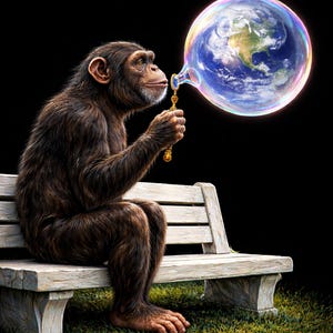 May include: A chimpanzee sits on a white bench, blowing a bubble that reflects the Earth. The bubble is iridescent with blue, green, and yellow hues. The background is black, and the bench sits on green grass.