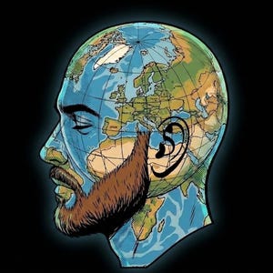 Puede incluir: Ilustración del perfil de un hombre con la Tierra representada como su cabeza. Los continentes y océanos están mapeados en su cabeza, con barba marrón y fondo negro.