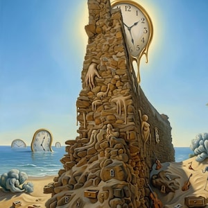 Puede incluir: Pintura surrealista que presenta una estructura de piedra con un reloj derritiéndose. La estructura tiene formas humanas y una mano extendida. Otros relojes flotan en el océano. La obra de arte está ambientada en una playa con cielo azul.