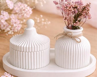 Perfektes Geschenk-Set -Vase-Schmuckdose-geriffelt-Raysin-weiß-handgegossen-modern-Frühlingshauch-Mitbringsel-Ostergeschenk-Frau