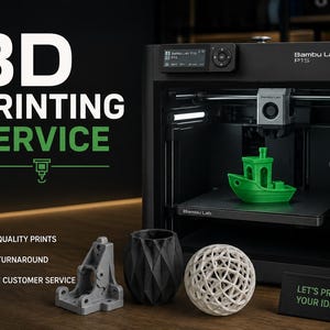 以下が含まれることがあります： 黒い3Dプリンターの中に、緑色の3Dプリントされたボートがあります。 この画像は、白と緑の「3D PRINTING SERVICE」というテキストで、3Dプリントサービスを宣伝しています。 追加の3Dプリントされたオブジェクトが表示されています。