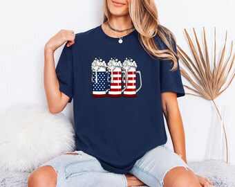 American Drinking Top, Merica Mug Graphic, Independence Day Shirt, July 4th Gift For Him, Summer Party Apparel, USA Flag Beer Tee
