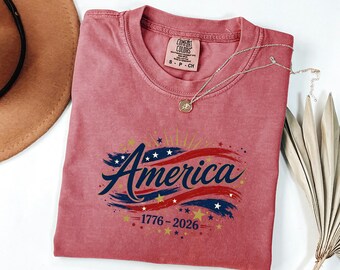 USA Distressed Tee, America 250th Shirt, 1776 Woman Apparel, Patriotic Graphic Top, July Gift For Him, Semiquincentennial Event Apparel