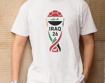 Football Inspired Gift, World Tournament Trophy Animated Design, Iraq Flag Colors Tribute Style Soccer Graphic Tee Unisex T-Shirt