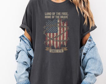 Patriotic Freedom Graphic Tee, Personalized Land Of The Free Brave Gift, Vintage Style Comfort Colors Custom Unisex T-Shirt