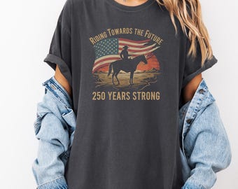 Western Patriotic Cowboy Graphic Tee, Comfort Colors Riding Towards The Future Shirt, Vintage Custom Gift Personalized Gift Unisex T-Shirt