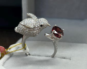 Garnet Bird Ring 925 Sterling Silver Pave CZ Hummingbird Open Ring January Birthstone Red Gemstone Adjustable Statement Ring Gift