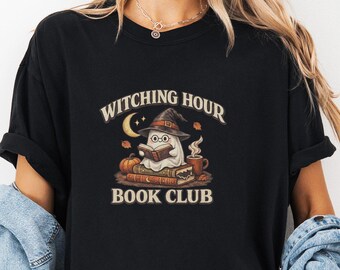 Halloween Book Lover Graphic T-Shirt, Witching Hour Book Club Ghost Reader, Garment-Dyed Cotton Tee