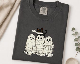 Halloween Mummy Shirt, Cute Ghost Cat Comfort Colors Tee, Funny Spooky Season T-Shirt, Halloween Party Outfit