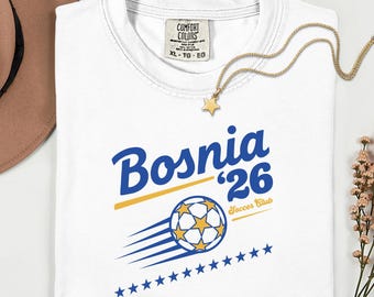 Bosnia Soccer Shirt, Vintage Football Tee, Balkan Sports Gift, Retro Graphic T-shirt, Blue Yellow Star Ball Tee, Bosnia 2026 Soccer Club
