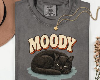 Moody Cat Shirt, Black Kitty Tee, Grumpy Feline Top, Retro Pet Lover Gift, Garment Dyed Unisex, Cozy Aesthetic Apparel