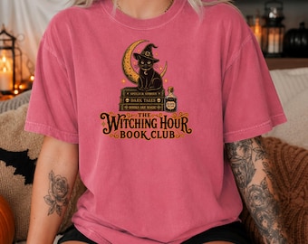 Witching Hour Book Club Shirt, Black Cat Halloween Tee, Garment Dyed Cotton
