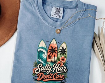 Chemise d'été couleurs confort, t-shirt graphique de surf rétro, t-shirt de plage vintage, haut esthétique tendance surdimensionné, cadeau de vacances mignon pour ami