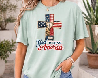 Patriotic Cross Shirt | God Bless America Tee | USA Flag T-Shirt for Independence Day & Memorial Day