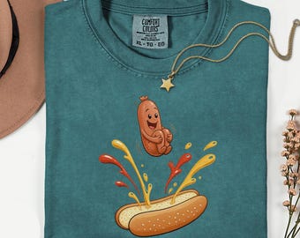 Funny Hot Dog Graphic Tee - Dancing Sausage Cartoon T-Shirt - Summer BBQ Foodie Gift - Retro Style Premium Cotton Shirt for Men and Women